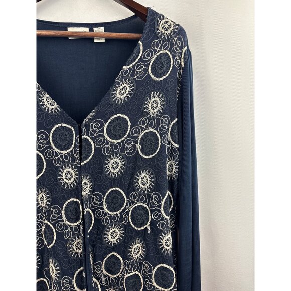 Women's Chico’s 2XL Navy Blue with White & Black Embroidery Long Sleeve Sweater - Picture 2 of 4